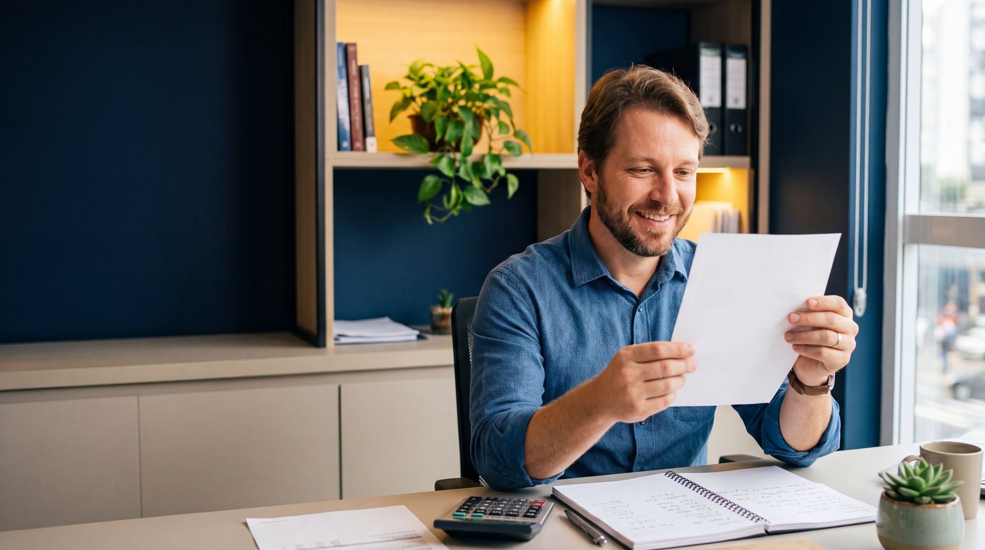 Empresário sorrindo enquanto confere a conta de luz e calcula a economia